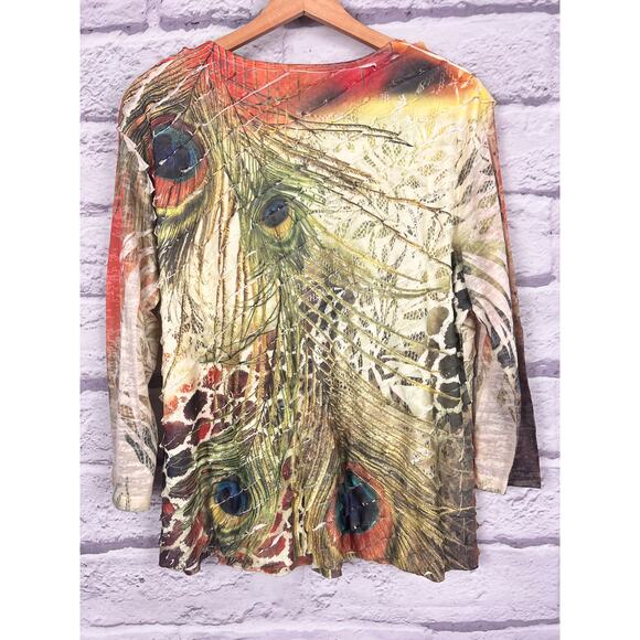 Jess & Jane Womens PXL Artsy Bohemian Maximalist USA Peacock Feather Top Blouse - Picture 4 of 10